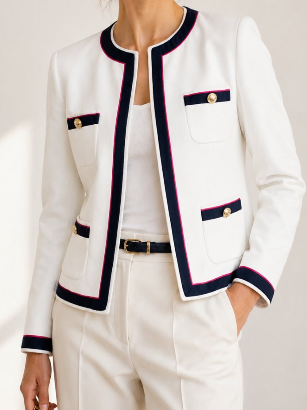 Zara White Lady Jacket Navy Pink Trim Gold Button Blazer Medium